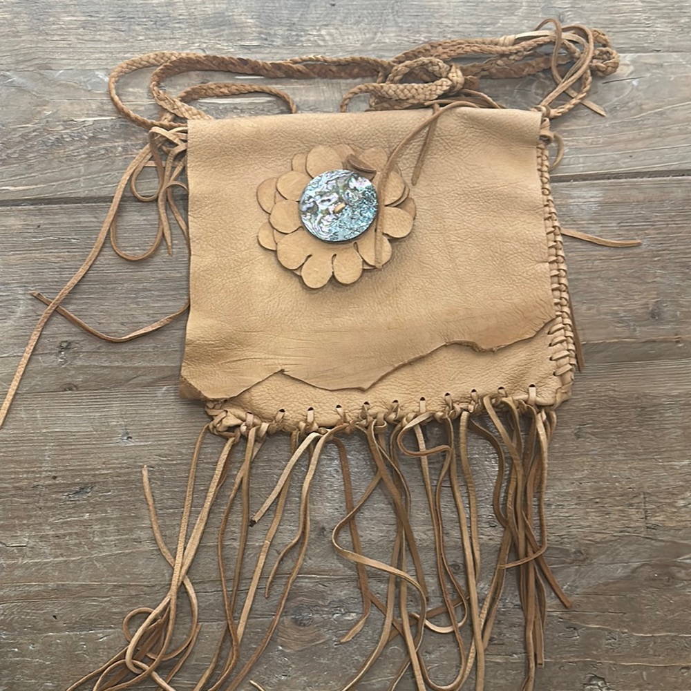 Shelly Litvak butter leather soft brown crossbody shoulder bag fringe woven
